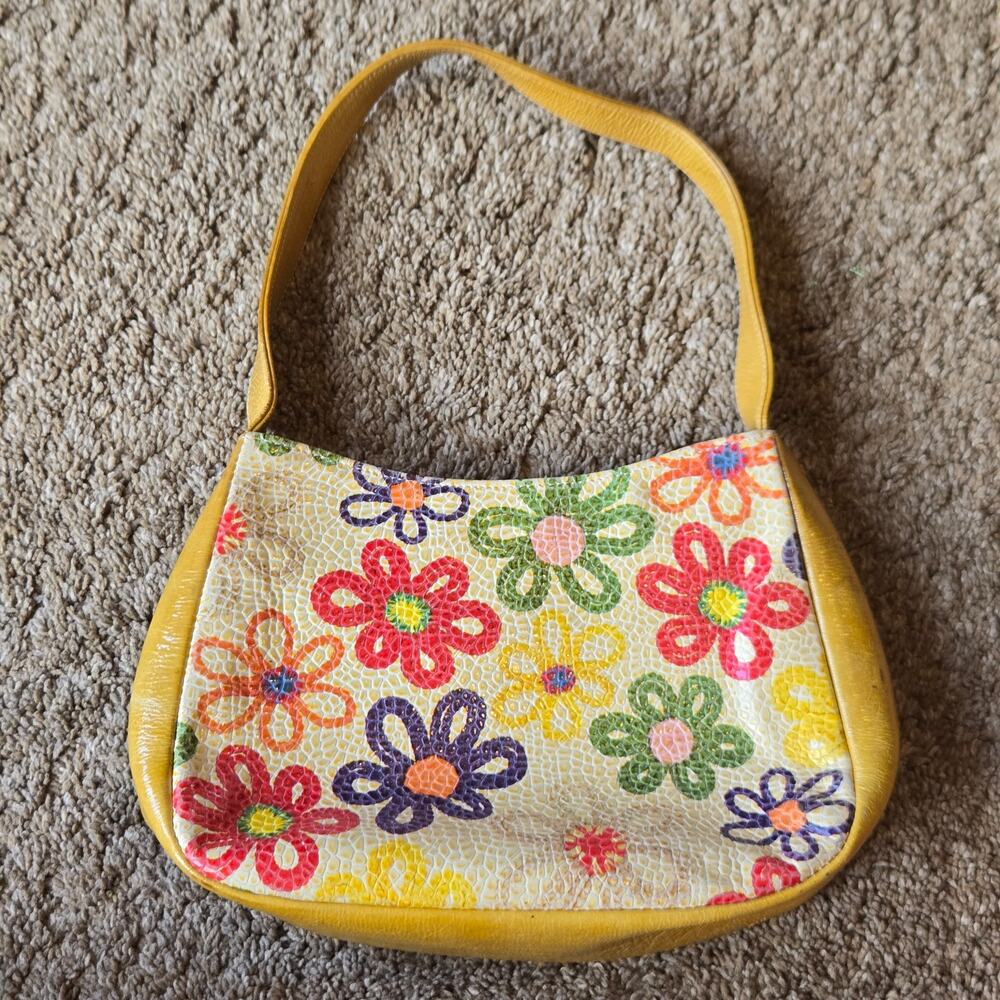 Sarah Shaw 90s Y2K Mini‎ Shoulder Bag Purse Floral Retro Coated Canvas Yellow